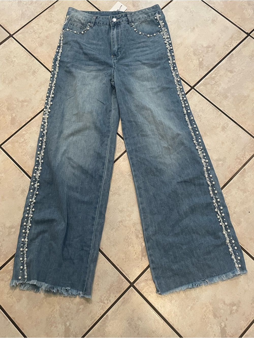 Pearl-Trim Wide Leg Jeans - Blue